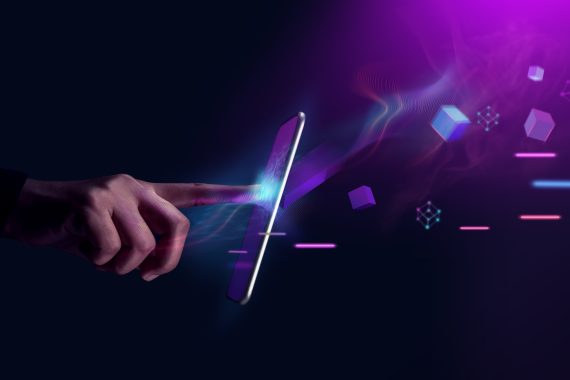 Metaverse and Blockchain Technology Concepts. Person with an Experiences of Metaverse Virtual World via Smart Phone. Futuristic Tone. Conceptual Photo